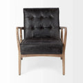 Phineas Black Genuine Leather Accent Chair with Brown Solid Wood Frame
