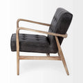Phineas Black Genuine Leather Accent Chair with Brown Solid Wood Frame