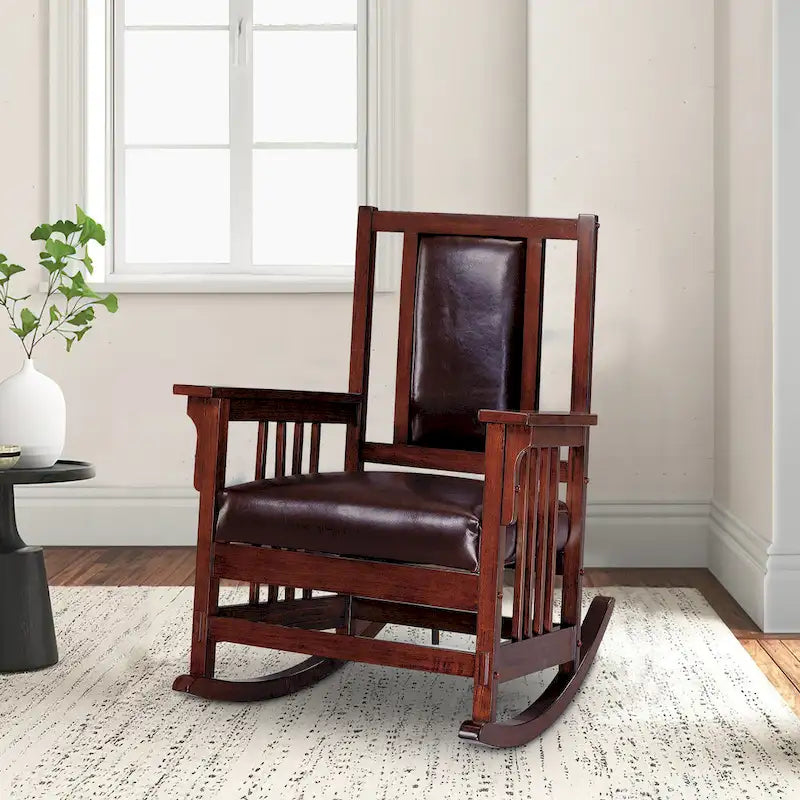 Mission Style Rocking Chair with Leather Upholstered Seat and Back in Tobacco and Dark Brown