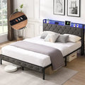 Upholstered Full Bed Frame with Built-in Charging Station and LED Lights - Sturdy Platform Design with Heavy Metal Slats, No Box Spring Required