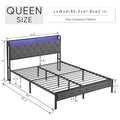 Upholstered Queen Bed Frame with Built-in Charging Station and LED Lights - Sturdy Platform Design with Heavy Metal Slats, No Box Spring Required