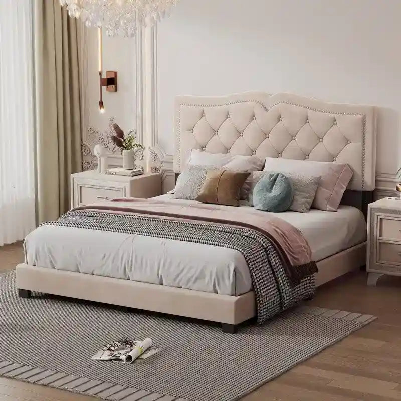 Modern Velvet Queen Size Upholstered Bed Frame with Tufted Headboard and Rivet Accents
