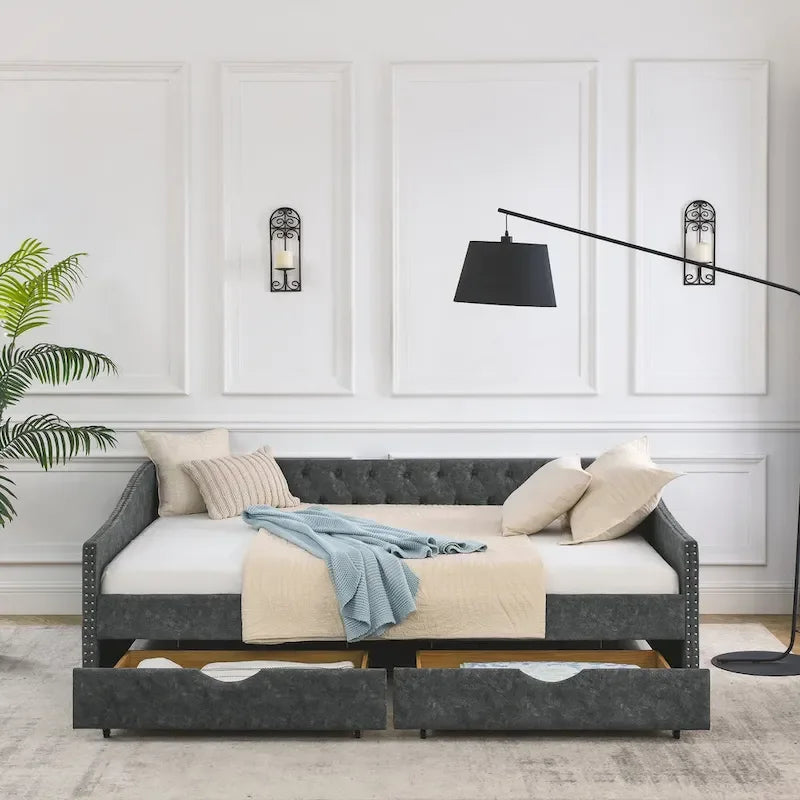 Upholstered Tufted Queen Size Daybed Sofa Bed with Storage Drawers