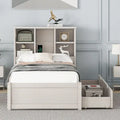 Contemporary Twin Bed Frame with USB Charging Port, Bookcase Headboard, and Dual Drawers for Bedroom or Living Room