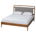 Edwina Queen Size Platform Bed in Light Grey Boucle Fabric with Walnut Brown Wood Accents