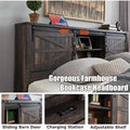 Farmhouse Full Bed Frame with Storage Shelves and Built-in Charging Station