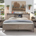 Farmhouse Full Bed Frame with Storage Shelves and Built-in Charging Station