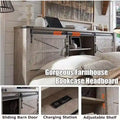 Farmhouse Platform Bed with Storage Headboard Sliding Doors and Charging Station