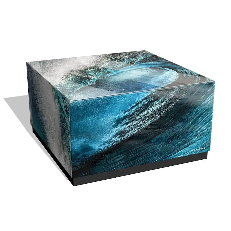 Sapphire Sea Beveled Art Glass Cocktail Table with Black Plinth Base - Reverse Printed Design