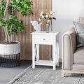 Farmhouse Style Side Table with Storage Drawer and Open Shelf, X-Frame Design, White Bedside Table for Living Room