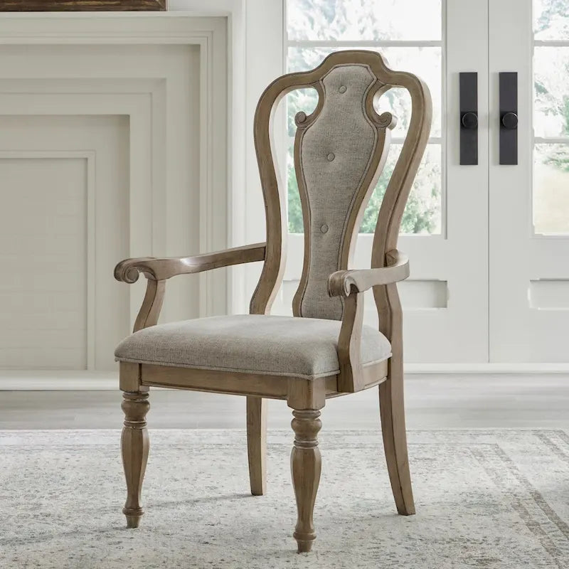 Set of 2 Magnolia Manor Weathered Bisque Upholstered Arm Chairs with Splat Back Design