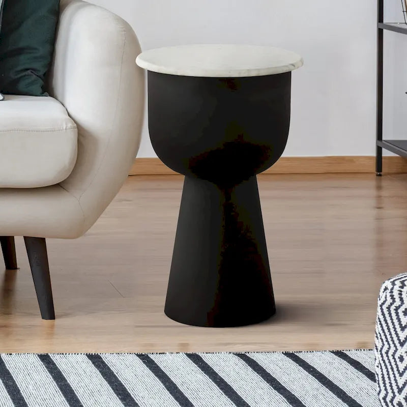 NILA Modern Black Side Table with White Marble Top - Stylish Accent for Living Room & Bedroom