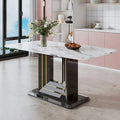 Elegant Dining Table with White Imitation Marble Top, Black MDF Legs Featuring Gold Accents, and a Stylish Black Base