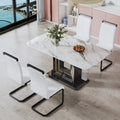 Elegant Dining Table with White Imitation Marble Top, Black MDF Legs Featuring Gold Accents, and a Stylish Black Base
