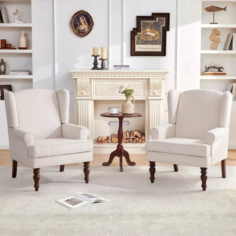 Set of 2 Accent Armchairs with Turned Legs in Blue, Beige, and Grey