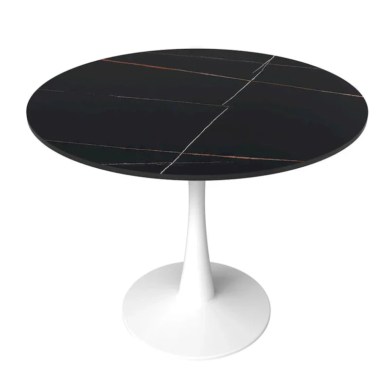 Bristol 35-Inch Round Dining Table for 4 with Sintered Stone Top and White Stainless Steel Pedestal Base