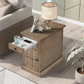 Retro-Inspired Living Room Side Table with USB Ports, Multifunctional Drawer, and Cup Holders